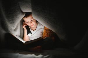 lezing boek en gebruik makend van zaklamp. jong jongen in gewoontjes kleren aan het liegen naar beneden in de buurt tent Bij avond tijd foto