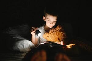 lezing boek en gebruik makend van zaklamp. jong jongen in gewoontjes kleren aan het liegen naar beneden in de buurt tent Bij avond tijd foto