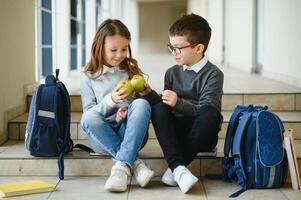 onderwijs is macht wanneer selecteren voedsel voor Gezondheid. gelukkig kinderen nemen tussendoortje pauze. voeding en Gezondheid onderwijs. gezond aan het eten. formeel onderwijs. privaat onderwijs. onderwijs en studie foto