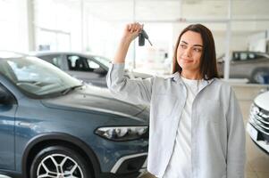 gelukkig vrouw klant vrouw koper cliënt Kiezen auto willen naar kopen nieuw auto- in auto toonzaal foto