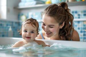 moeder het baden haar schattig weinig baby Bij huis. foto