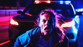 foto van portret dichtbij omhoog visie van crimineel verdachte in misdrijf tafereel staand in voorkant van Politie auto Bij nacht en rood blauw licht,