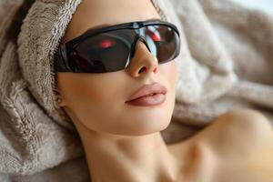 dichtbij omhoog portret van een jong vrouw geduldig ontvangen een laser behandeling in een spa salon. foto