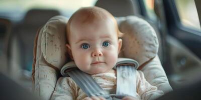 weinig baby vastgemaakt met veiligheid riem in veiligheid auto stoel. foto