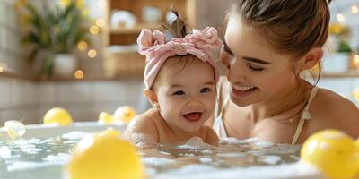 moeder het baden haar schattig weinig baby Bij huis. foto