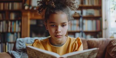 schattig meisje lezing een boek en glimlachen terwijl zittend Aan een sofa in de kamer. foto