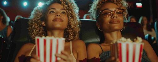 twee Dames aan het kijken film in bioscoop, aan het eten popcorn. foto