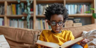 schattig jongen lezing een boek en glimlachen terwijl zittend Aan een sofa in de kamer. foto