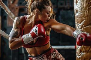 woest mooi vrouw Muay Thais bokser met krachtig lichaamsbouw treinen, leveren stoten Bij boksen tas, belichamend sterkte en bepaling in gevecht sport- opleiding. foto