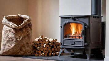 hout pellet tas, modern fornuis, knus eco-verwarming. foto