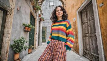 glimlachen vrouw in kleurrijk gestreept trui Aan rustiek straat foto