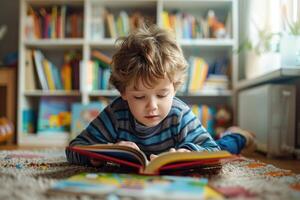 schattig jongen in gewoontjes kleren lezing een boek en glimlachen terwijl aan het liegen Aan tapijt in de kamer. foto