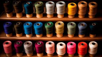 veelkleurig garen spoelen gebruikt in textiel industrie. reeks van gekleurde draden voor naaien Aan wikkelen. stapel van groot kleurrijk spoelen van draad. gekleurde draad spoelen van draad groot klas, textiel, achtergrond. foto