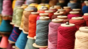 veelkleurig garen spoelen gebruikt in textiel industrie. reeks van gekleurde draden voor naaien Aan wikkelen. stapel van groot kleurrijk spoelen van draad. gekleurde draad spoelen van draad groot klas, textiel, terug foto