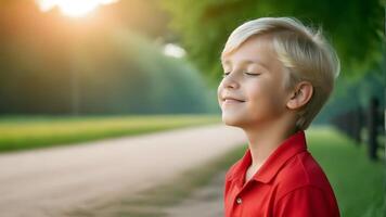 een jongen in rood overhemd glimlacht in de zon gegenereerd ai foto