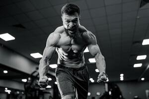 bodybuilder met sterk spieren. moeilijk opleiding in Sportschool zonder shirt Mens. foto