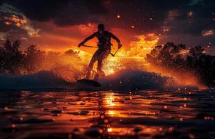 Mens wakeboarden Aan meer Bij zonsondergang foto