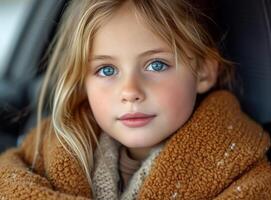 weinig meisje met blauw ogen zit in de auto verpakt in bruin deken en looks Bij de camera. foto