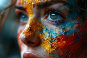 portret van jong vrouw met gezicht vol van kleuren foto