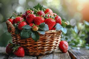 vers aardbeien in mand Aan houten tafel foto