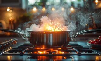 pot Aan de fornuis in de keuken foto