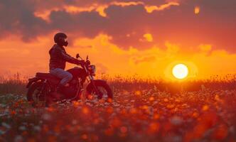 Mens zit Aan motorfiets in veld- Bij zonsondergang foto
