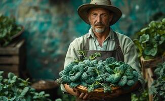 senior tuinman met mand van broccoli in zijn handen foto