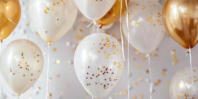 feestelijk arrangement van wit ballonnen met gouden confetti en goud ballonnen met linten Aan wit achtergrond. viering concept. voor groet kaart en partij uitnodiging ontwerp. ai foto