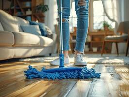 dichtbij omhoog van blauw dweilen schoonmaak parket verdieping tegen de backdrop van leven kamer. huis schoonmaak en schoon huis concept met hout verdieping onderhoud. ai generatie. foto