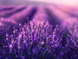 dichtbij omhoog van lavendel bloemen Bij zonsondergang met bokeh effect, levendig Purper tonen voor behang en textiel ontwerp. zomer bloeien en schoonheid concept met gouden uur verlichting. ai generatie foto