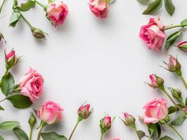 roze rozen met bloemknoppen en groen bladeren geregeld in kader Aan wit achtergrond met kopiëren ruimte, bloemen vlak leggen met leeg ruimte. bruiloft en romantisch concepten. ai generatie. foto