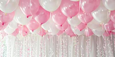 geassorteerd roze en wit ballonnen met linten en confetti, viering en partij decoratie thema, ideaal voor verjaardag of bruiloft uitnodiging ontwerp. ai generatie. foto