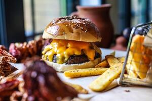 cheeseburger en Frans Patat Aan tafel foto