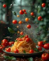 spaghetti met tomaten en basilicum vliegend in de lucht foto