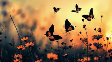 vlinder fladderend, silhouetten van vlinders fladderend tussen bloemen in een tuin foto