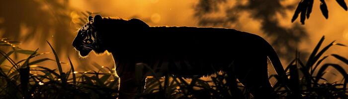 stil tijger, een silhouet van een tijger rondsnuffelen door de oerwoud foto