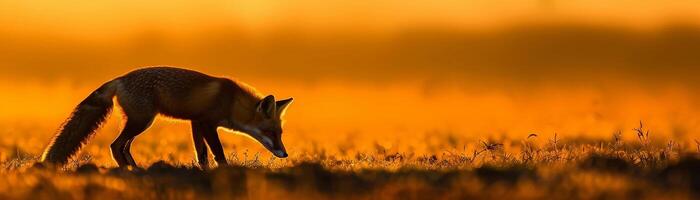 nieuwsgierig vos, een slank vos silhouet met wees oren, snuiven de grond foto