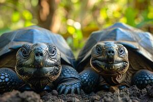 twee schildpadden zittend Aan top van elk andere in de aarde foto