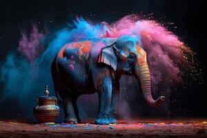 olifant gedekt in gekleurde poeder staand De volgende naar een pot Bij holi festival in Indië foto