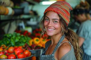 een vrouw staand in voorkant van een kom gevulde met rijp rood tomaten foto