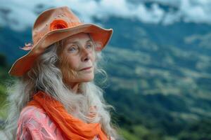 een ouderen vrouw met lang wit haar- vervelend een oranje hoed op zoek weg foto
