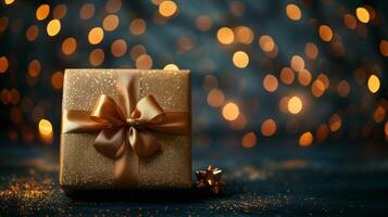 zacht kleur geschenk doos met elegant goud lint Aan donker achtergrond. groet geschenk met kopiëren ruimte voor Kerstmis Cadeau, vakantie of verjaardag foto