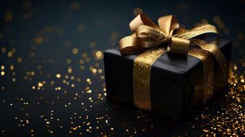 levendig geschenk doos met elegant goud lint Aan donker achtergrond. groet geschenk met kopiëren ruimte voor Kerstmis Cadeau, vakantie of verjaardag foto