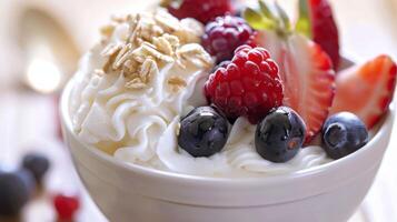 kom van romig yoghurt bekroond met vers fruit foto