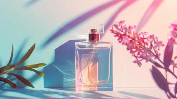 transparant fles van parfum met leeg etiket Aan pastel helling achtergrond. geur trending concept met copyspace voor tekst, natuurlijk materialen bloemen fabriek schaduwen. vrouwen en Mannen foto