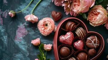 luxe Valentijn chocolaatjes in hart vormig geschenk doos en inschrijving bloemen. foto