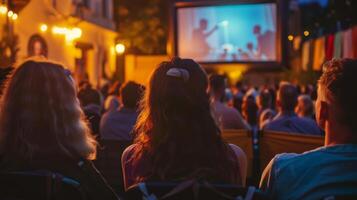 een groep van mensen verzameld samen naar genieten een film geprojecteerd Aan een groot scherm. deze beeld kan worden gebruikt naar verbeelden een film nacht, bioscoop beleven, of gemeenschap evenement. foto