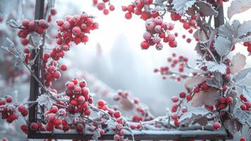 met sneeuw bedekt bord kader ingelijst door takken met rood bessen gedekt in vorst. kopiëren ruimte. foto