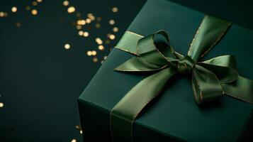donker groen geschenk doos met elegant goud lint Aan donker achtergrond. groet geschenk met kopiëren ruimte voor Kerstmis Cadeau, vakantie of verjaardag foto