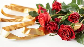 boeket van rozen versierd met gouden zijdezacht lint stropdas geïsoleerd Aan wit achtergrond foto